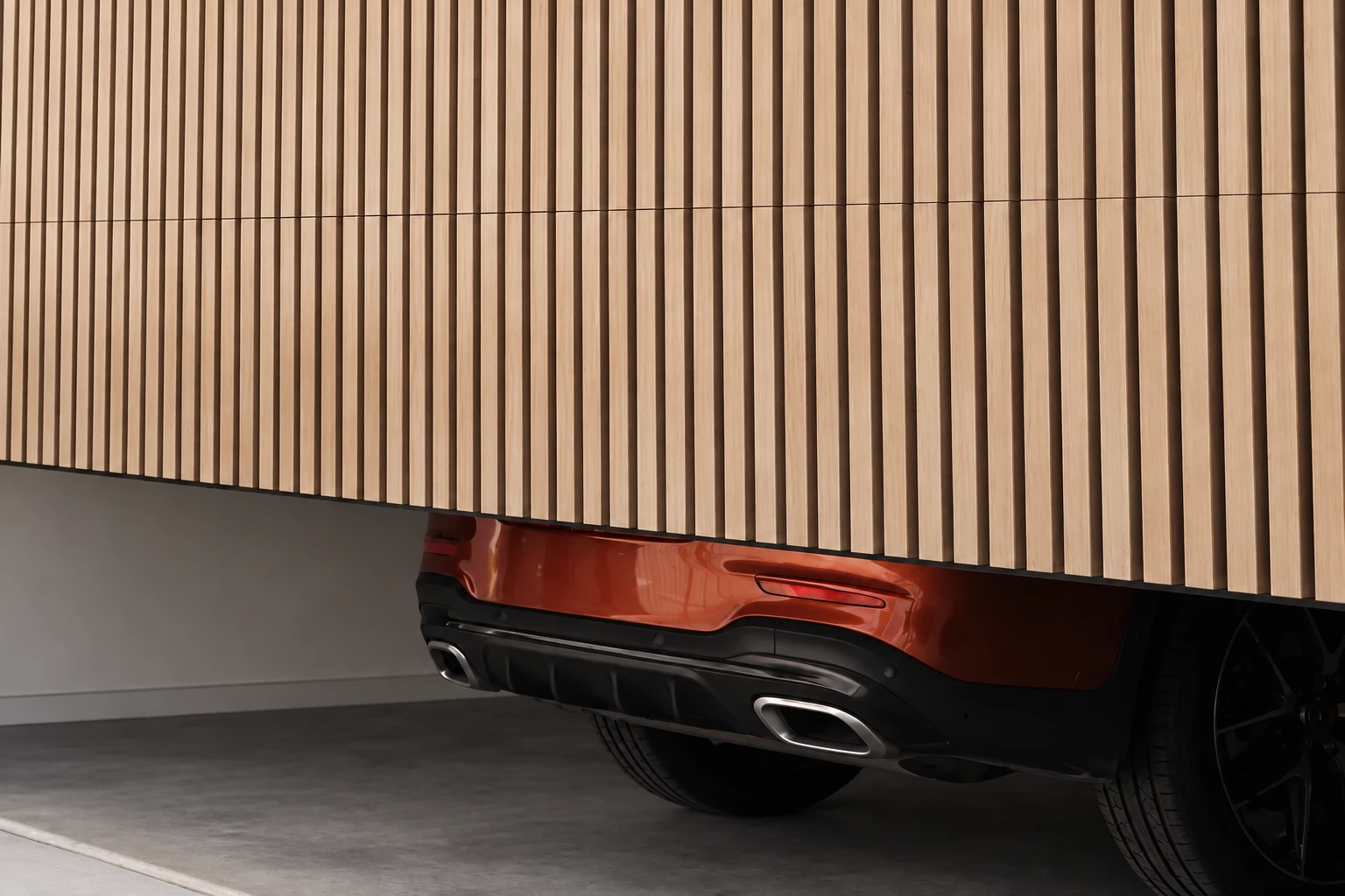 Knotwood supplier example: Batten-clad garage door on a contemporary home.