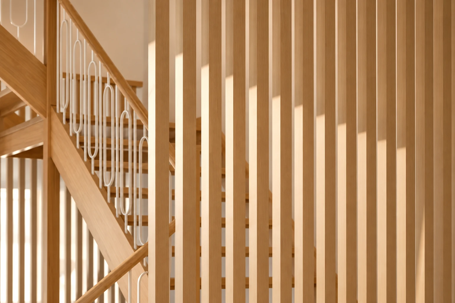 Knotwood supplier example: Vertical slat partition beside an interior staircase.