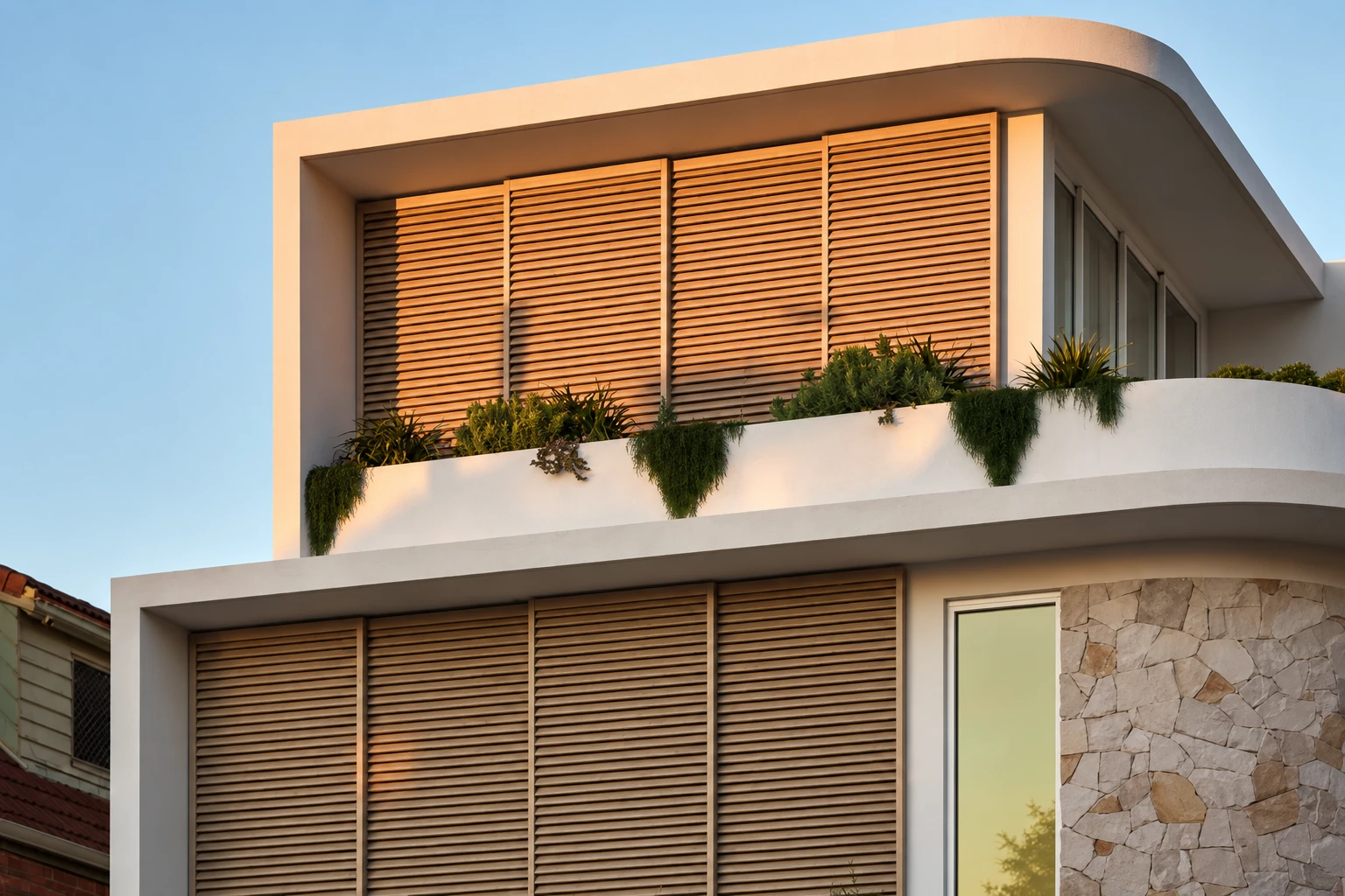Knotwood supplier example: Horizontal louvre screens on a residential facade.