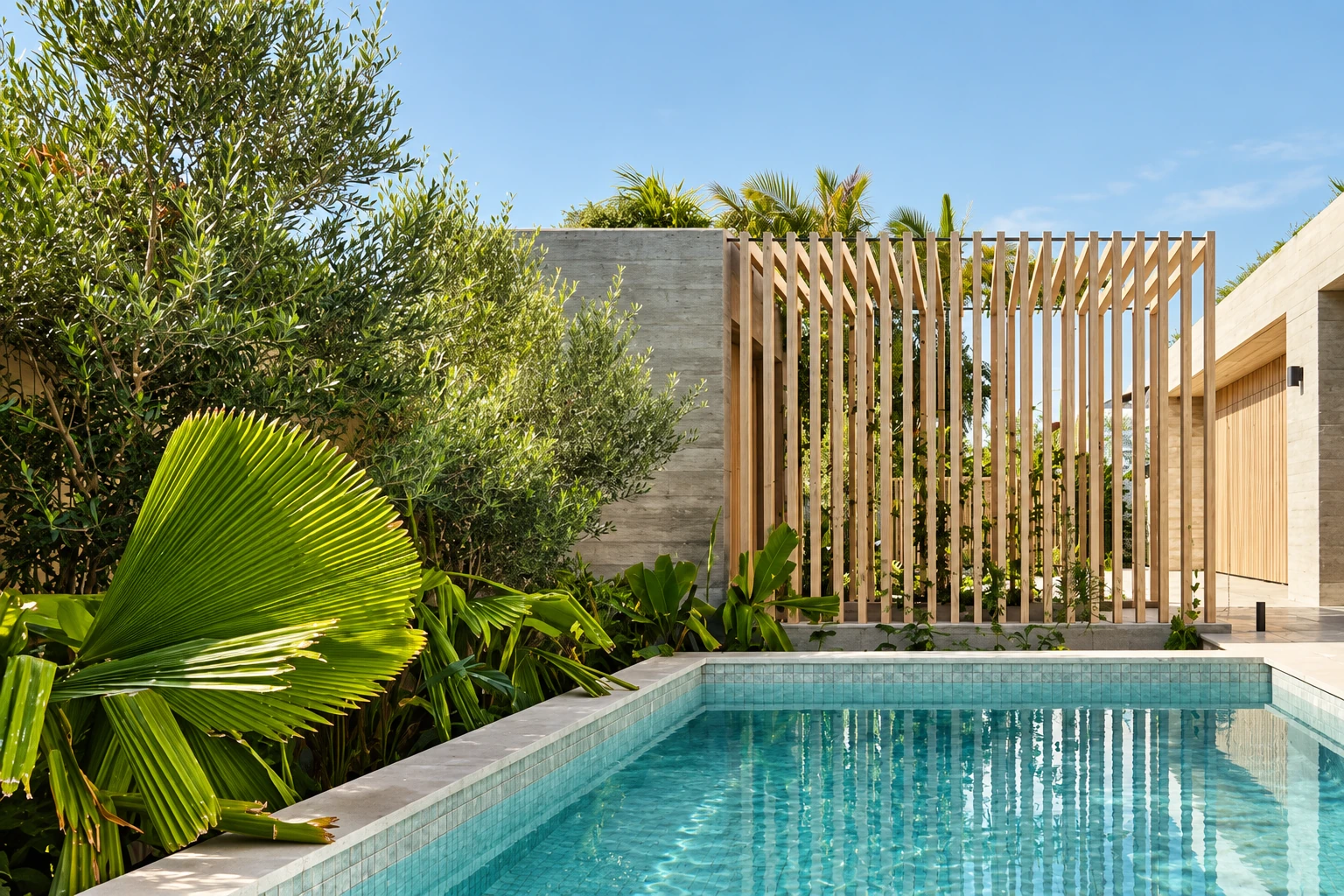 Knotwood supplier example: Aluminium shade structure beside a swimming pool.